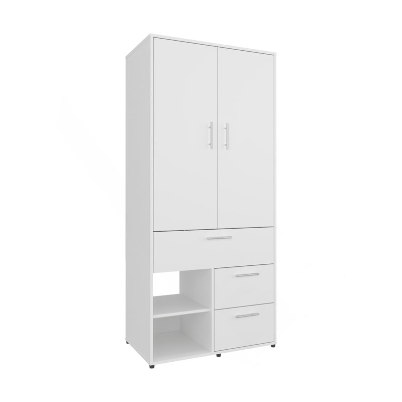Armoire H 70,90 po, 2 portes, 3 tiroirs, 2 tablettes, 6 pieds, blanc - Chambre, Blanc