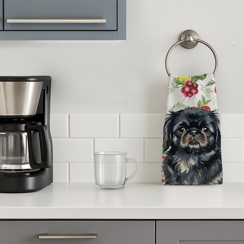 Black Pekingese Vegetables Kitchen Towel, Black Pekingese
