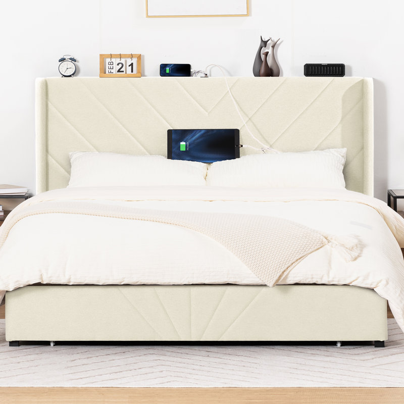 Bed Frame with Headboard and 3 Storage Drawers, Upholstered Platform Bed with Charging Station, Steel Slat Support, No Box Spring Needed, Easy Assembly