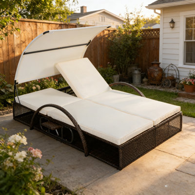 Double méridienne extérieure réglable à 5 positions avec table d'appoint cachée, chaise longue de patio à structure en acier pour piscine et jardin
