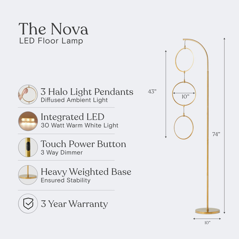 Brass Arc LED Floor Lamp with 3-Way Touch Switch