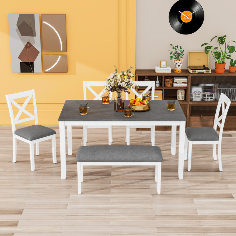 Ensemble de table de salle à manger 6 pièces avec banc et chaises rembourrées, Gris, Blanc / Gris, Blanc