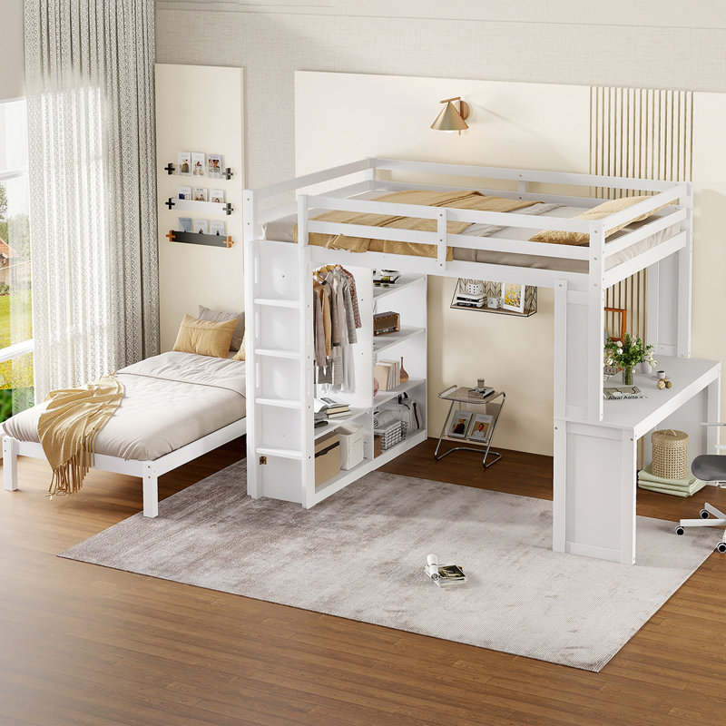 Lit superposé avec lit inférieur démontable et bureau, structure de lits superposés en bois massif avec tablettes intégrées et garde-robe, peut être converti en lit mezzanine