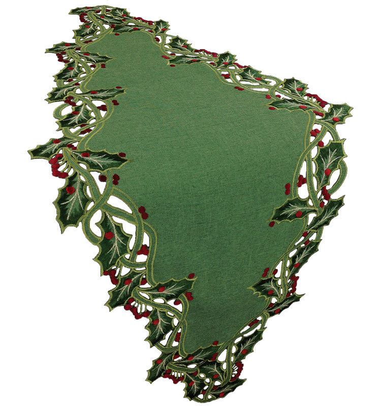 Embroidered Cutwork Table Runner, Green, 34" L x 16" D