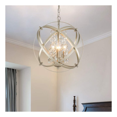 4-Light Champagne Crystal Cage Chandelier with Adjustable Hanging Rods, Modern Globe Pendant Light Fixture for Kitchen, Dining Room, and Entryway (Bulbs Not Included)