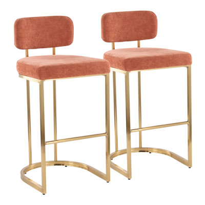 Tabouret de bar à hauteur fixe en métal doré et tissu saumon - Ensemble de 2