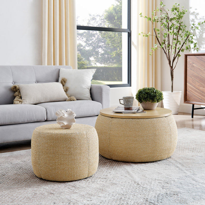 Round Storage Ottoman, Woven Rattan Fabric Ottoman, 2 In 1 Function, Work As End Table And Ottoman,With Small Seat-Nature