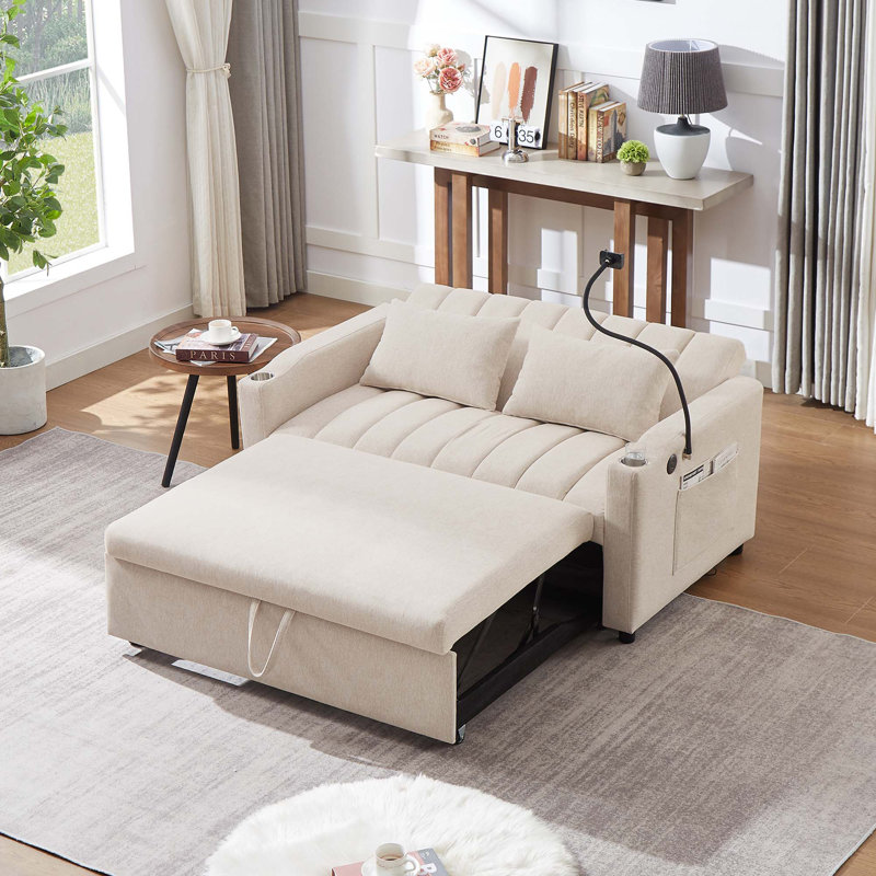 Canapé-lit convertible 55,9 po avec trois ports USB, deux poches latérales, Beige