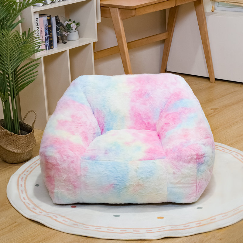 Fauteuil à billes et méridienne en fausse fourrure, Blanc / rose / fausse fourrure bleue