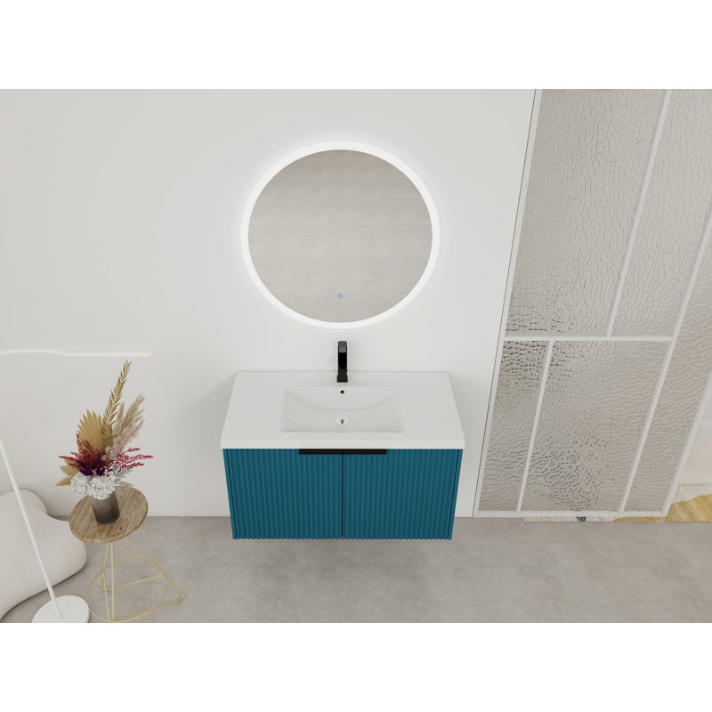 Meuble-lavabo flottant 36 po avec lavabo en résine et portes à fermeture en douceur Aether, Bleu lac