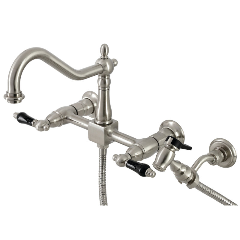 Kingston Brass Duchess Double-Handle Wall-Mount Bridge Kitchen Faucet, Vintage Brass, With Side Spray