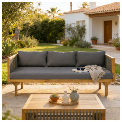 Acacia Wood Outdoor Patio Sofa with Dark Grey Cushions and Grey Rope Detail
