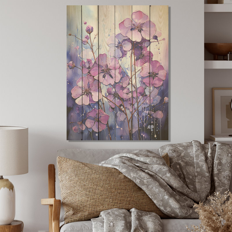 Mystique Allure I - Violets, panneau mural sur bois de pin naturel, H 20 po x l 10 po