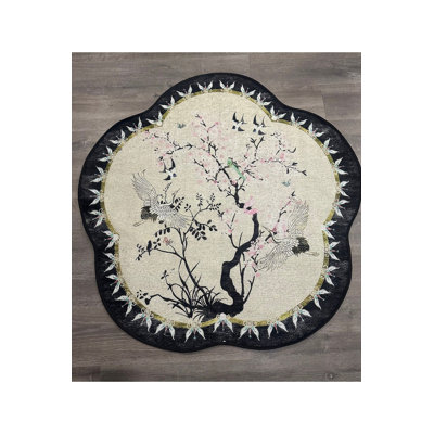 Machine Washable Sun Collection Sakura Flower Patterned Round Woven Base Modern Decorative Area Rug