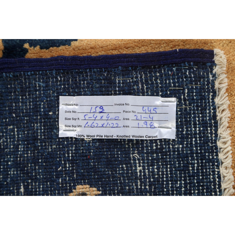Tapis bleu / beige en laine noué à la main de conception unique 4 pi x 5 pi 4 po New Age