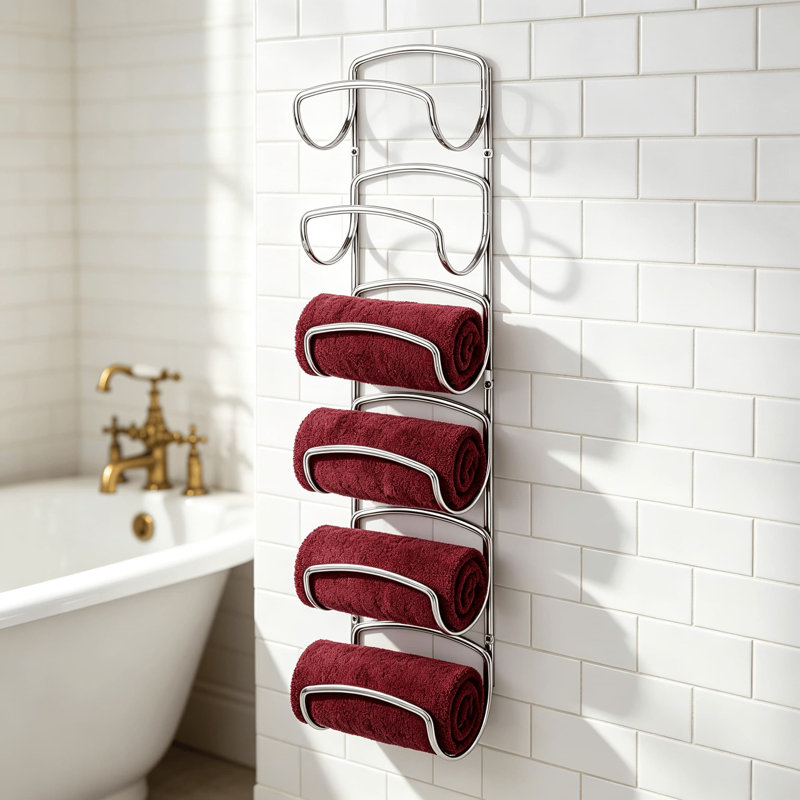 Porte-serviettes mural en métal à 6 niveaux, range-serviettes en acier argenté à 6 niveaux, porte-serviettes mural pour salle de bain, peut accueillir de grandes et petites serviettes roulées, accessoires de salle de bain polyvalents