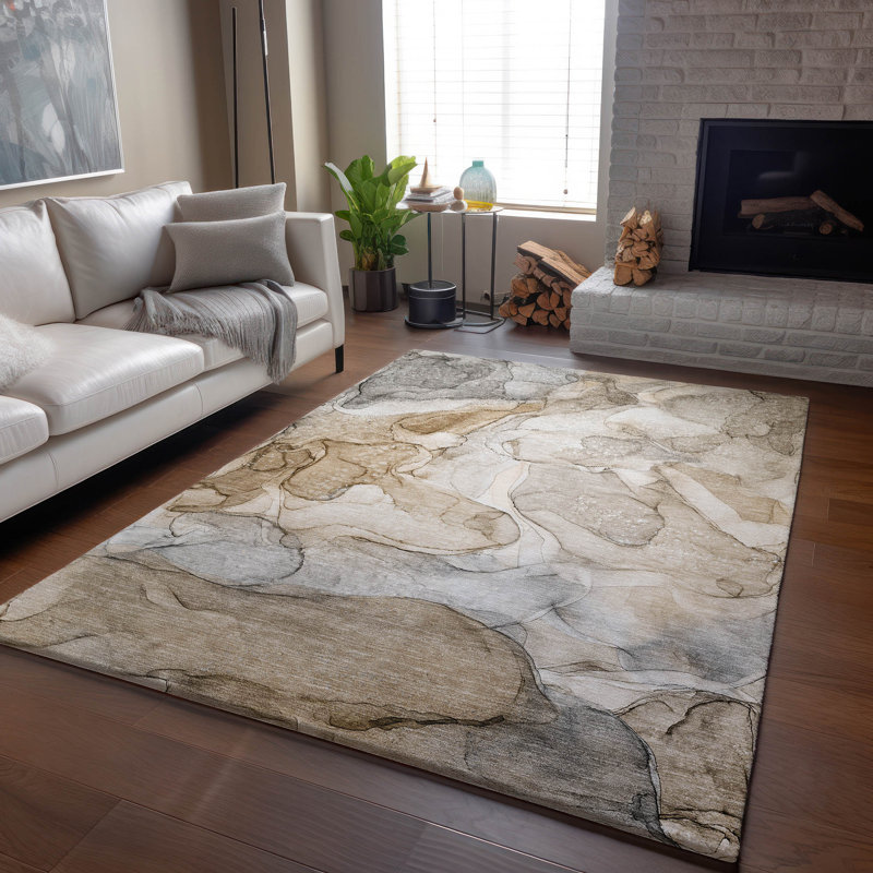 Tapis beige lavable à la machine de qualité supérieure 10 pi x 14 pi Cerrito AMF512, Rectangulaire 3 pi x 5 pi