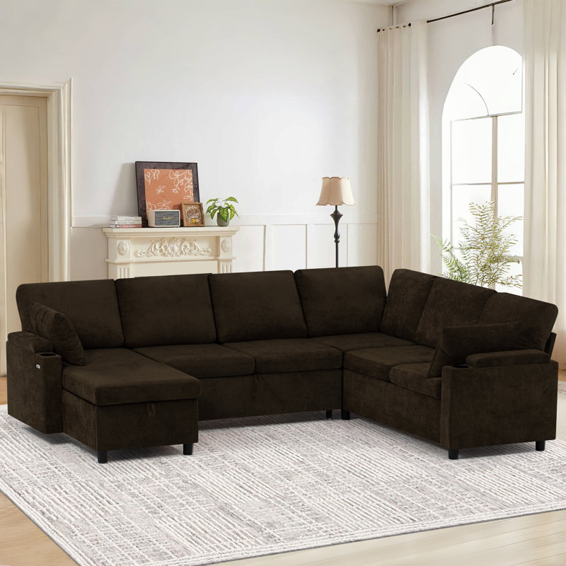Canapé modulaire en chenille de 110 po avec ports de chargement USB, canapé modulaire en forme de U avec lit escamotable, canapé-lit avec méridienne de rangement pour le salon