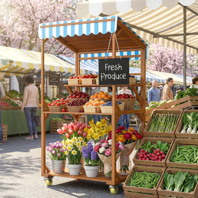 Chariot de ferme en bois, support de marché en bois massif avec toit en bois, table de présentation robuste avec roues verrouillables, pour événements et petites entreprises, brun clair
