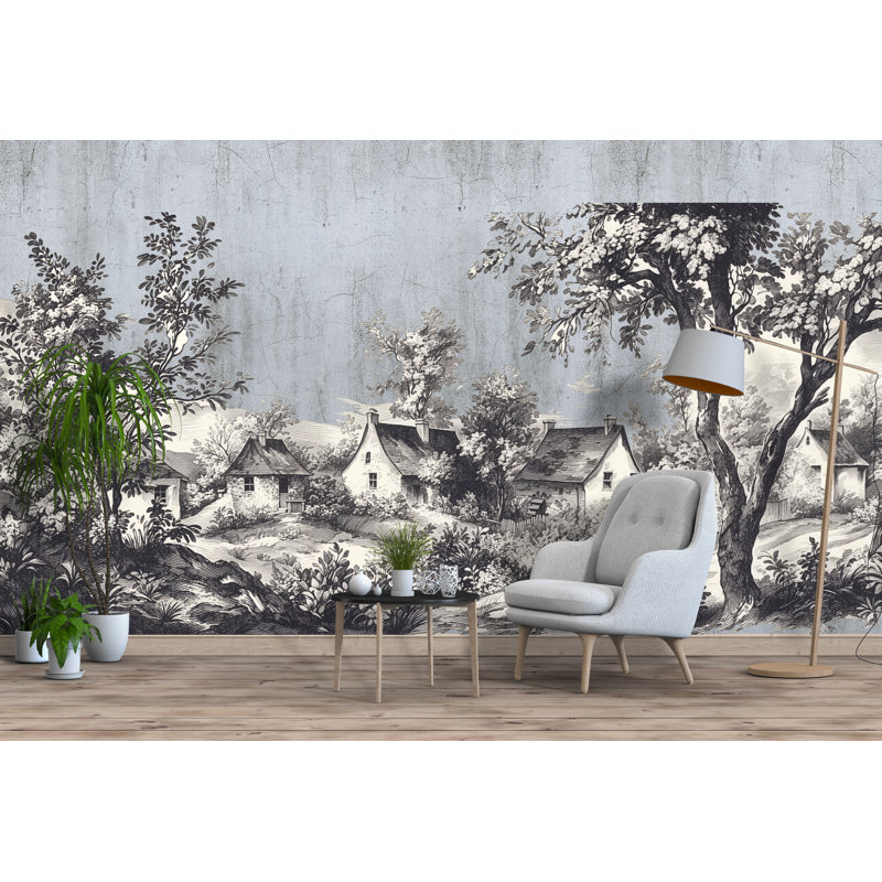 Toile chalet paysage mural, art mural français rétro pour chambre à coucher, tête de lit amovible 127Mv, H 50 po x l 95 po