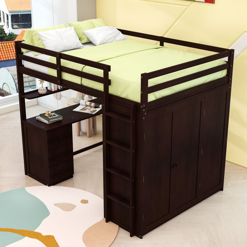 Lit mezzanine avec bureau, tiroirs et garde-robe, Double, Espresso
