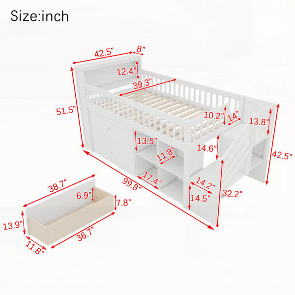 Latitude Run® Twin Size Loft Bed with LED, Bookshelf, and Storage ...