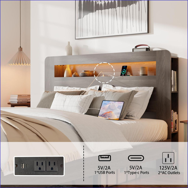 Très grande base de lit plateforme en bois avec tête de lit et rangement USB, sans bruit, sans sommier, chambre principale gris foncé
