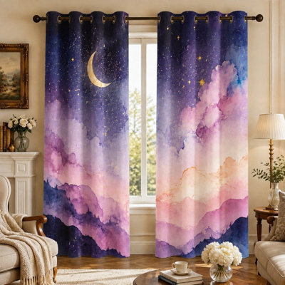 Lot de 2 rideaux aquarelle « Lune et étoiles célestes », imprimé paysage de nuages ​​​​galactiques onirique, œillets, art serein du ciel nocturne pour la décoration de la chambre ou du salon.