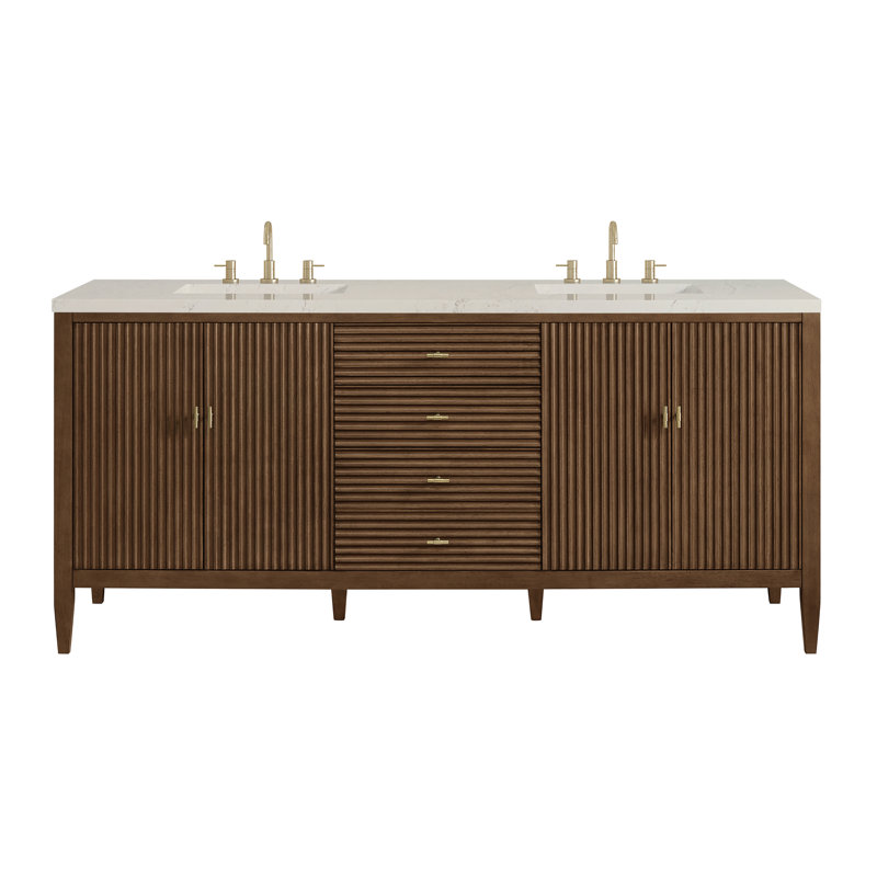 Myrrin 72'' W Double Vanity, Mid-Century Walnut, White Zeus, Single-Hole