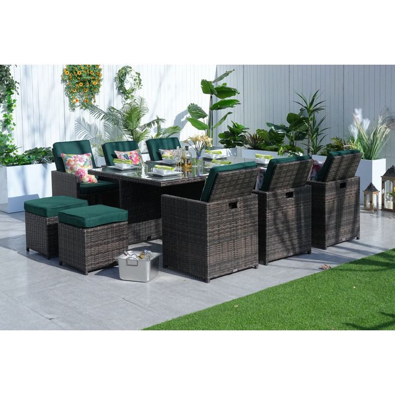 10 - Person Wicker Patio Dining Set with Rectangular Table , Cushions Included, Brown, Atrovirens
