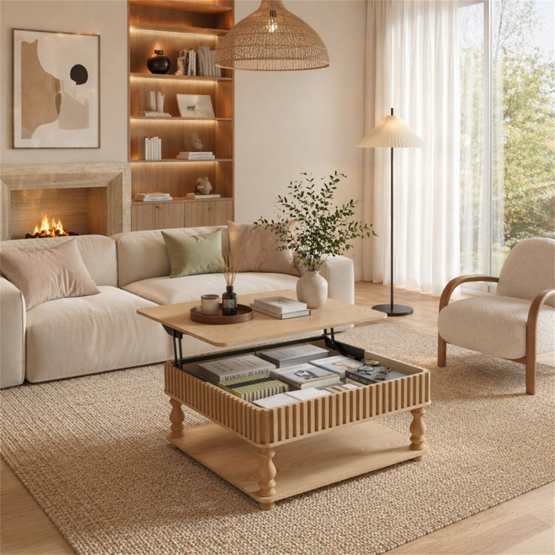 Table basse à plateau relevable cannelé 31,5 pouces avec rangement ouvert et caché, Bois naturel