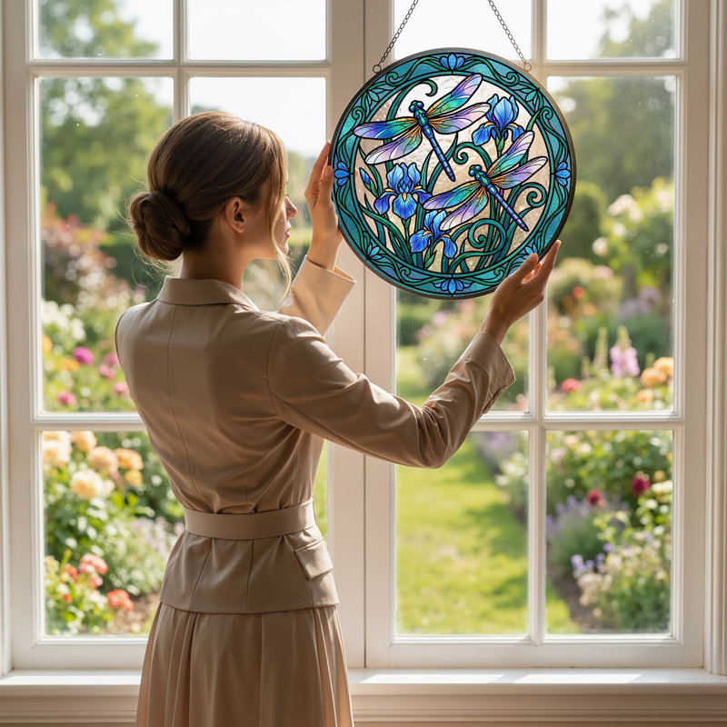 Dragonfly Iris Stained Glass Window Panel，7.8H, 7.8"H
