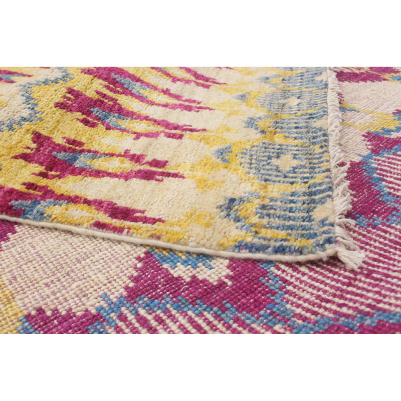Tapis unique en laine noué à la main style Mogul des années 2010 beige / rose / gris 6 pi 2 po x 12 pi 6 po Kanette