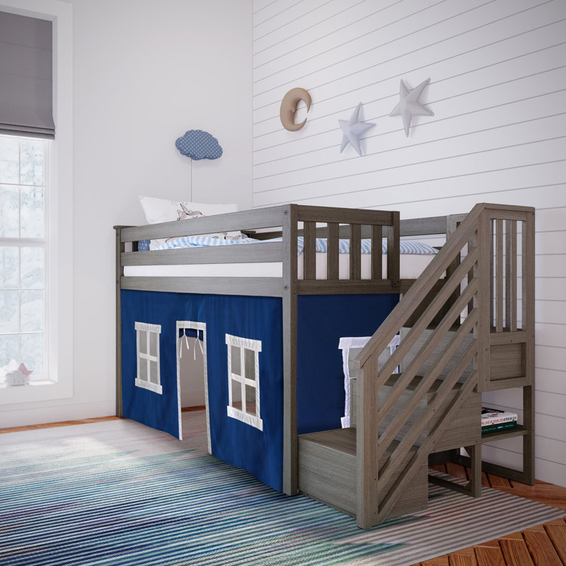 Lit mezzanine simple avec escalier et rideau de jeu Glyndon Kids, Argile, bleu