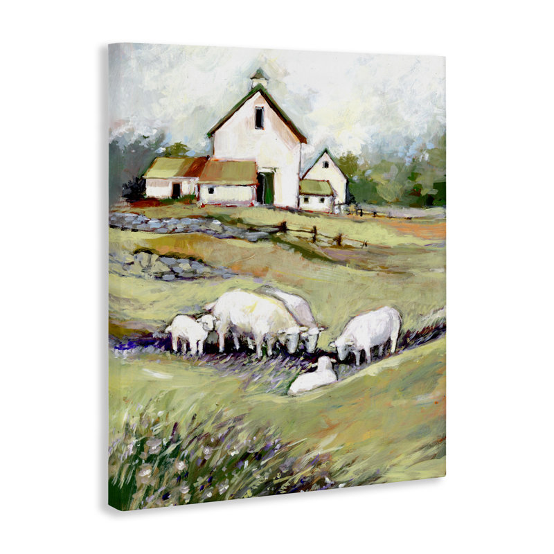 Grange avec toile de mouton pâturée, conception par Susan Winget, H 20 po x l 16 po
