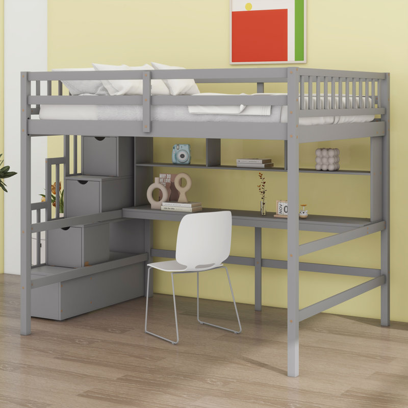 Loft Bed With Desk, Storage Shelves And Staircase, Grey