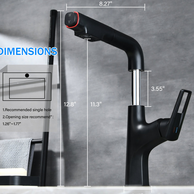 Robinet à vasque rétractable noir mat pour bar et extérieur avec jet rétractable 23,6 po, Noir mat