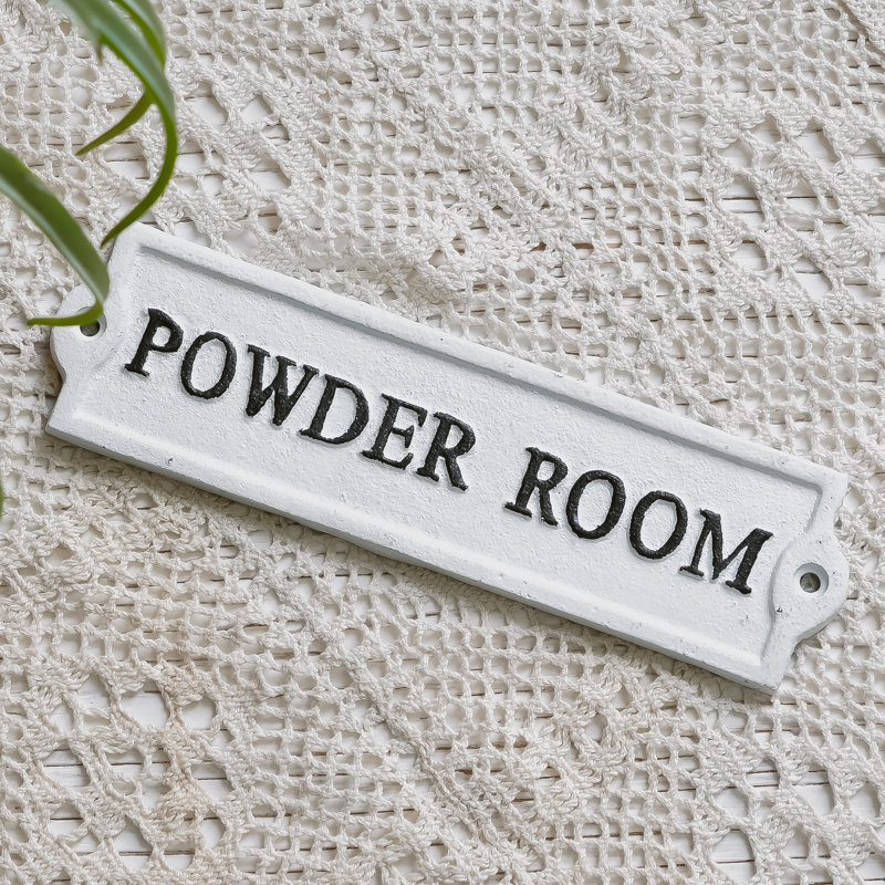 Cast Iron Powder Room Door Sign, White/Black Text