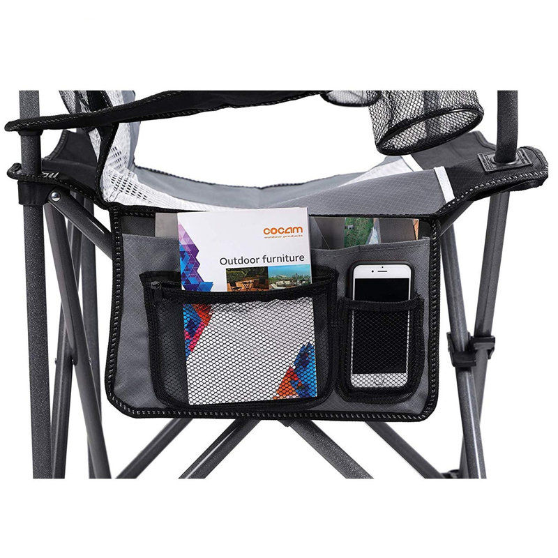 Chaise de camping noire surdimensionnée et confortable avec porte-gobelets et poche latérale, Noir/gris