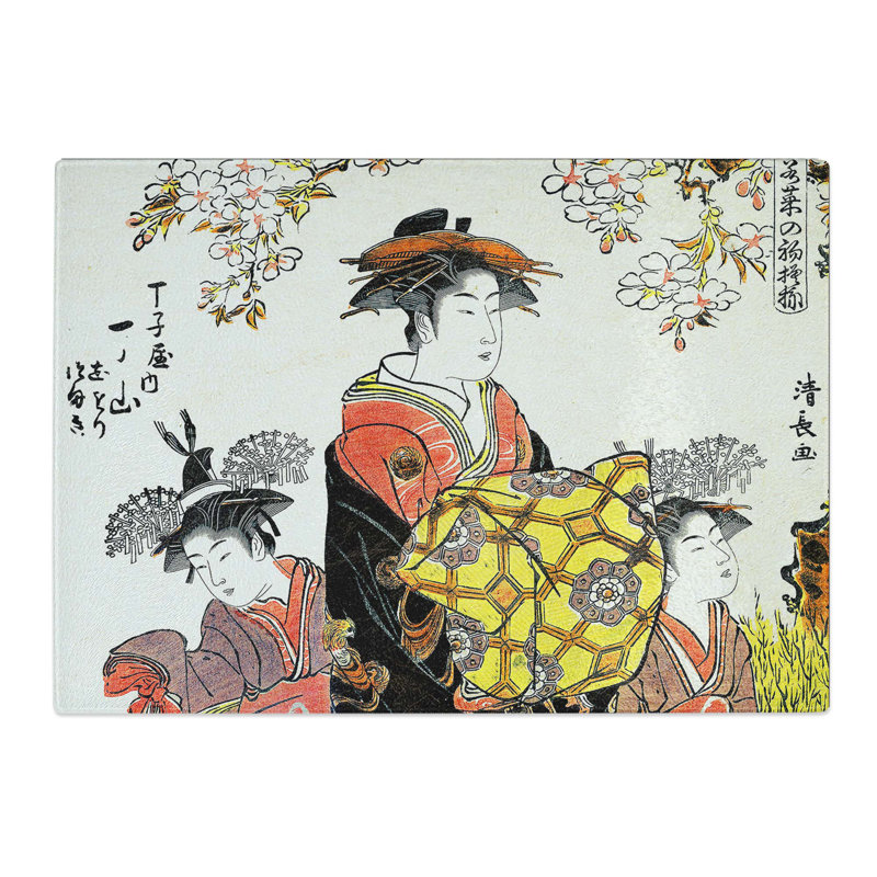Tempered Glass Lady with Two Kamuro by Torii Kiyonaga Chopping Board, 39 cm x 28.5 cm