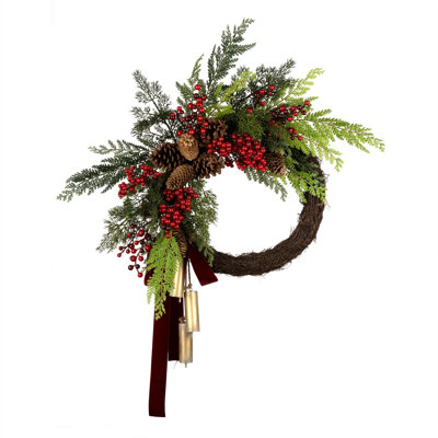 Couronne de Noël artificielle à motif de baies rouges à feuilles de pin pour porte d'entrée