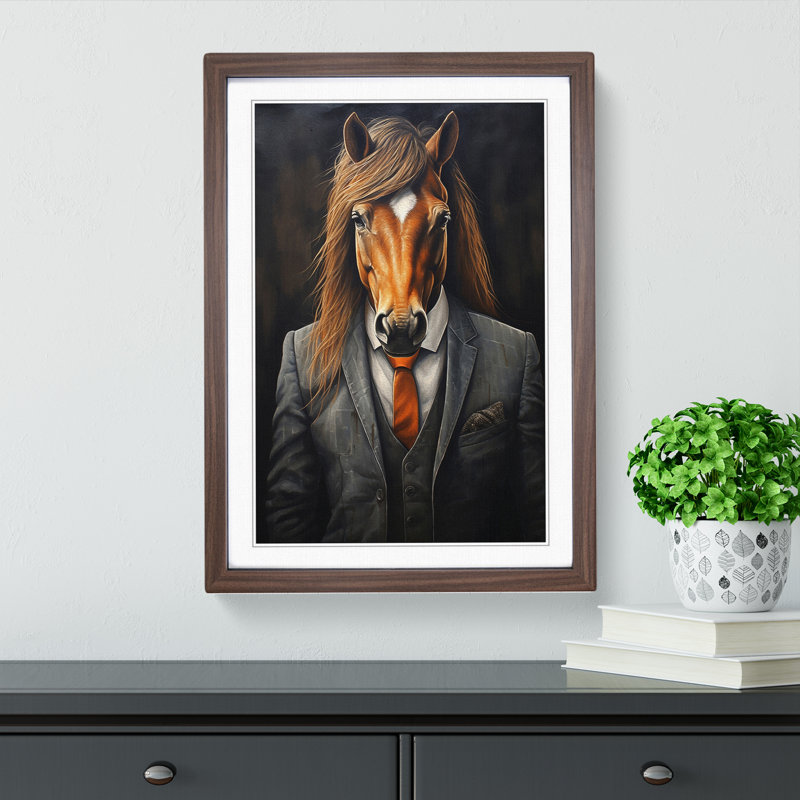 Pony In A Suit No.3 - Single Picture Frame Print on Wood, 34cm H x 25cm W x 2cm D, Walnut