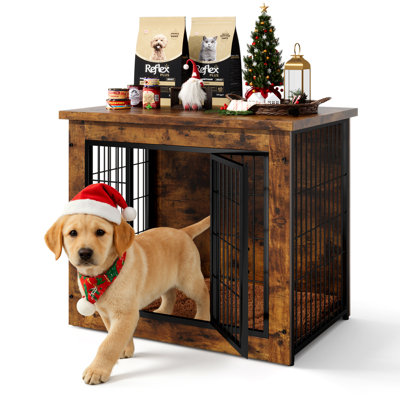 Wooden Dog Crate Furniture with Front & Side Doors and Thick Cushion | Heavy-Duty Kennel, Side End Table, Anti-Chew Design for Small to Large Dogs
