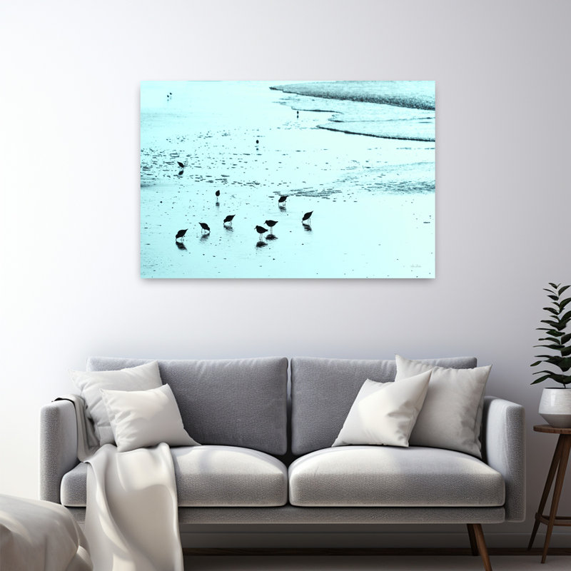 «Blue Sandpipers», oiseau abstrait, paysage côtier, art, H 32 po x l 48 po