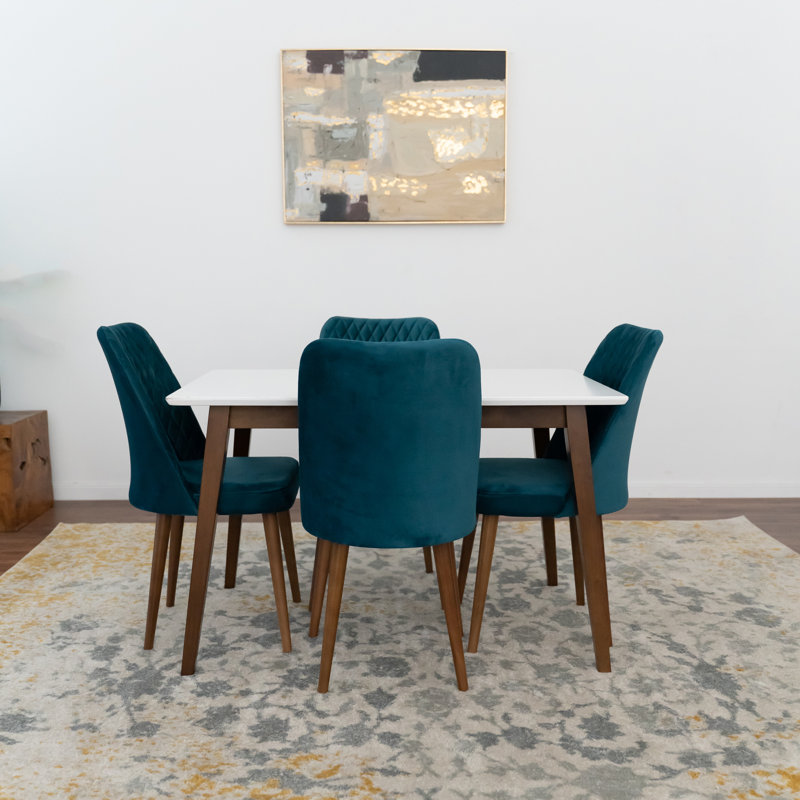 Fredy 4 - Person White Top Solid Wood Dining Set with Velvet Upholstered Chairs, 29.7" H x 47.2" L x 29.7" W, Teal