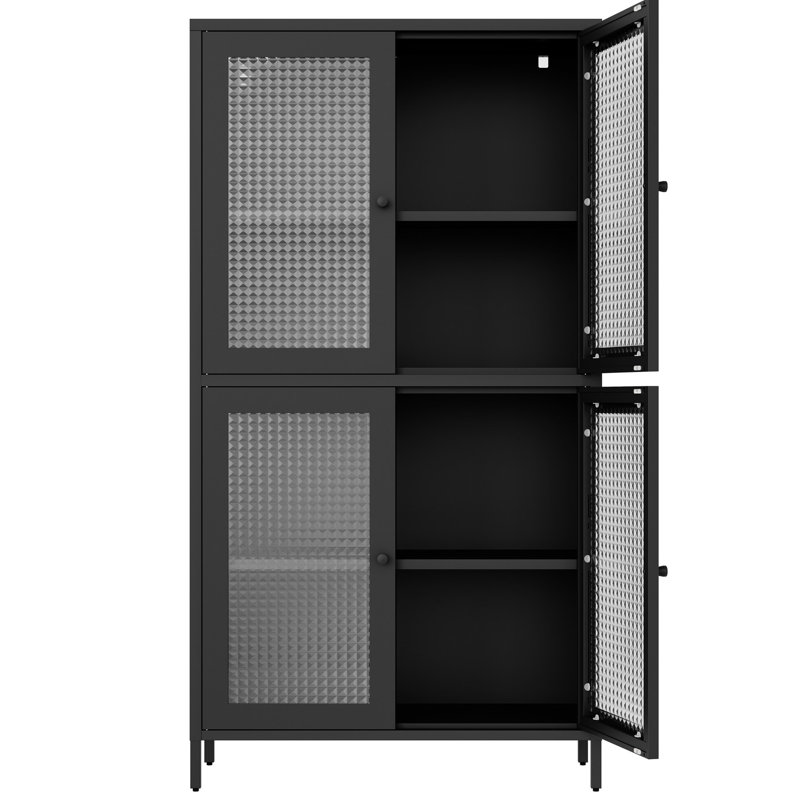 Classic Metal Cabinet With 4 Glass Doors For Home Office - Black Finish Freestanding Bookcase Tempered Living Room