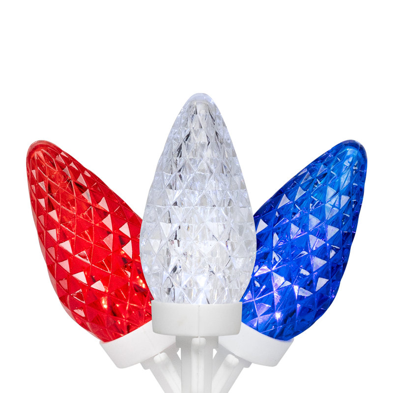 Lumières de Noël à facettes patriotiques à DEL C9 - rouge, blanc et bleu - fil blanc de 66 pi - 100 carats