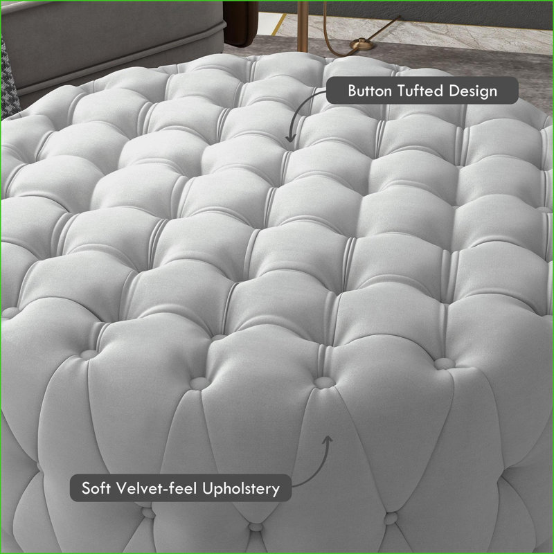 Round Ottoman Foot Stool, Button Tufted Light Grey Velvet-Feel – Living Room, Entryway, Vanity | Light Grey | Polyester