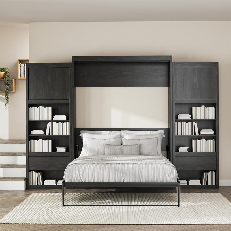 Wexford Murphy Bed with Side Cabinet Storage, Queen, Black Oak