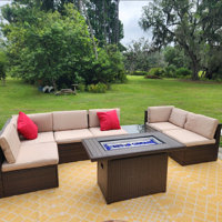 Caradog Wicker 6 - Person Patio Conversation Sets with Cushions Coffee Table and Fire Pit Latitude Run Frame Color/Cushion Color: Brown Frame/Beige C